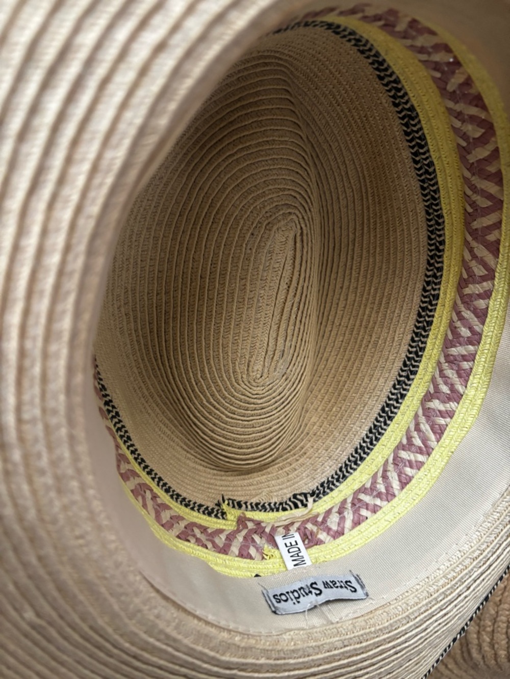 Straw Studios Natural Straw Sun Hat with Yellow, Pink & Black Trim - Picture 2 of 2